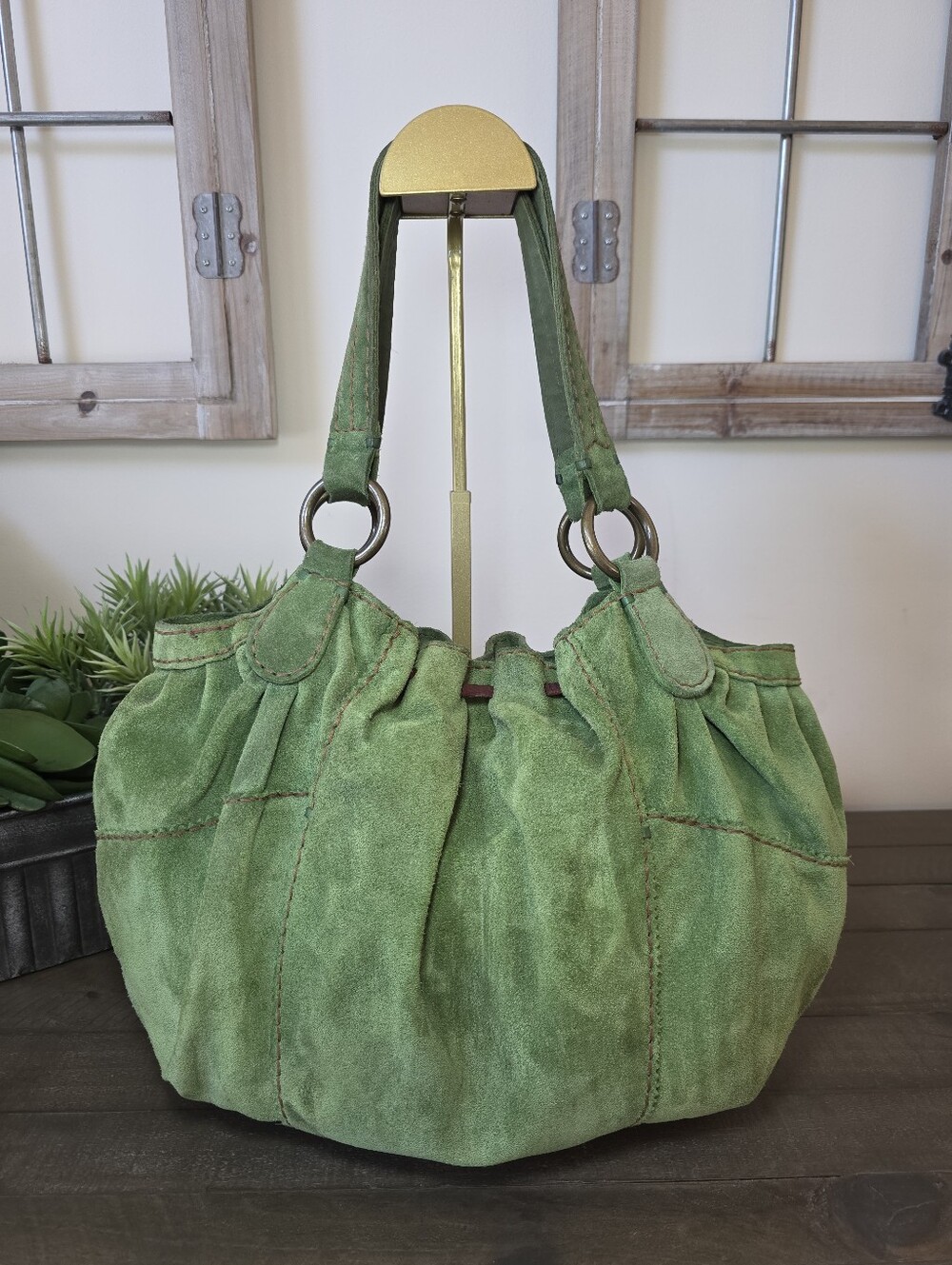 Vintage Lucky Brand Olive Green Suede Hobo Bag Floral Lining - Picture 4 of 14
